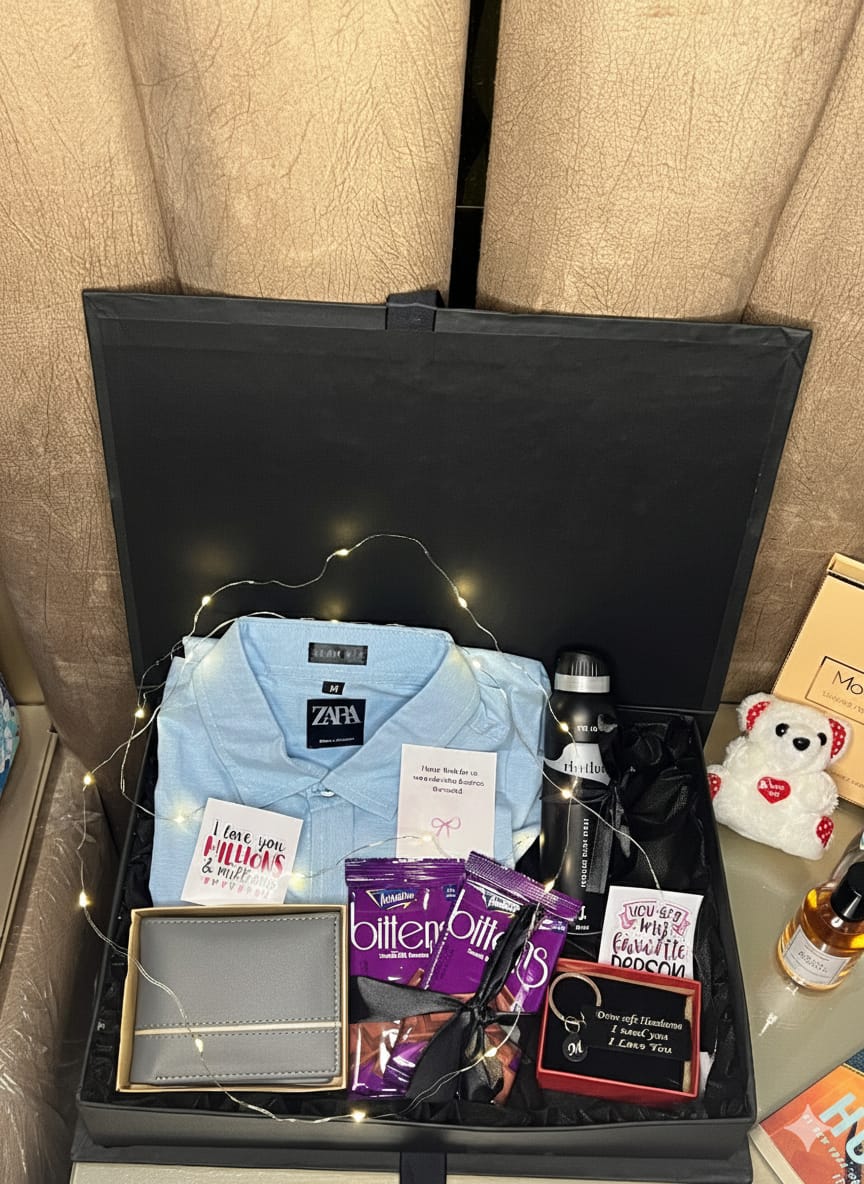 Gift box with Zara shirt, bottles, and other items on a beige background